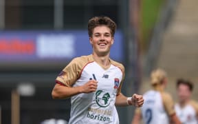 Newcastle Jets Will Dobson celebrates his goal against Auckland FC, 2026.