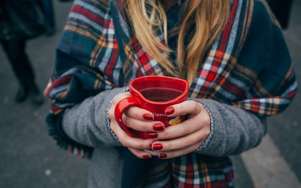 weather warm layers, coffee mug, jacket, scarf, wool