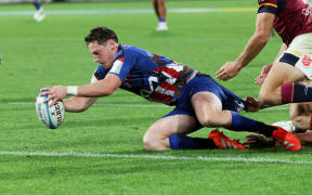 Cam Roigard scores a try during the Hurricanes v Highlanders, Super Rugby Pacific match, Sky Stadium, Wellington.