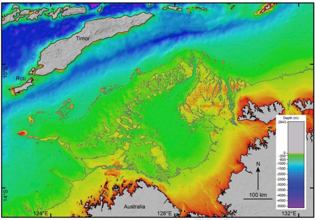 Northwest Australia showing a now submerged string of islands between Australia and Timor/Roti