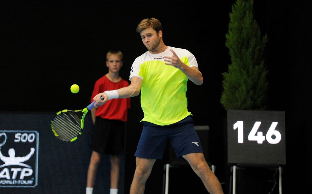 Ryan Harrison (USA) in action in Switzerland.