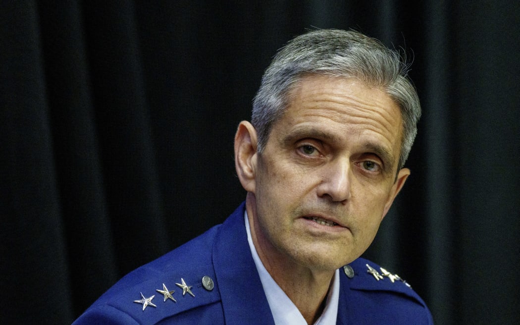 08 December 2023, Rhineland-Palatinate, Ramstein-Miesenbach: Steven Basham, Deputy Commander United States European Command, speaks at the press conference at the US Space Forces Europe and Africa Command Activation Ceremony at Ramstein Air Base. The United States Space Force is expanding its global reach with the establishment of a new space formation for Europe and Africa. The command will be activated with a ceremony attended by representatives of the Bundestag, the Bundeswehr and representatives of NATO allies and partner states. Photo: Andreas Arnold/dpa (Photo by Andreas Arnold / dpa Picture-Alliance via AFP)
