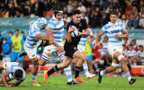 Will Jordan makes a break in the 
New Zealand All Blacks v Argentina Rugby Union Test Match at Suncorp Stadium, Brisbane, 18 September.