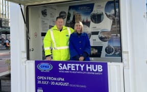 Community Patrols NZ chair Chris Lawton with Heart of the City ceo Viv Beck at the original safety hub that opened on Queen's Wharf on 20 July.