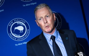 Police Association president Chris Cahill speaks at a media conference on association members rejecting the government's pay offer.