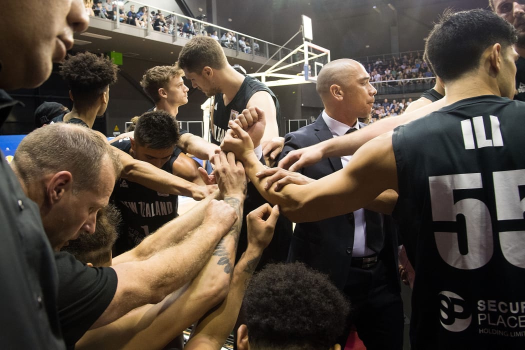 The Tall Blacks huddle during the World Cup qualifying match against South Korea.