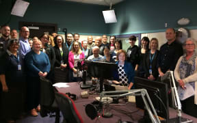 The Land Information NZ waiata team in the Morning Report studio to sing Purea Nei at the end of Te Wiki o Te Reo Māori 2018.