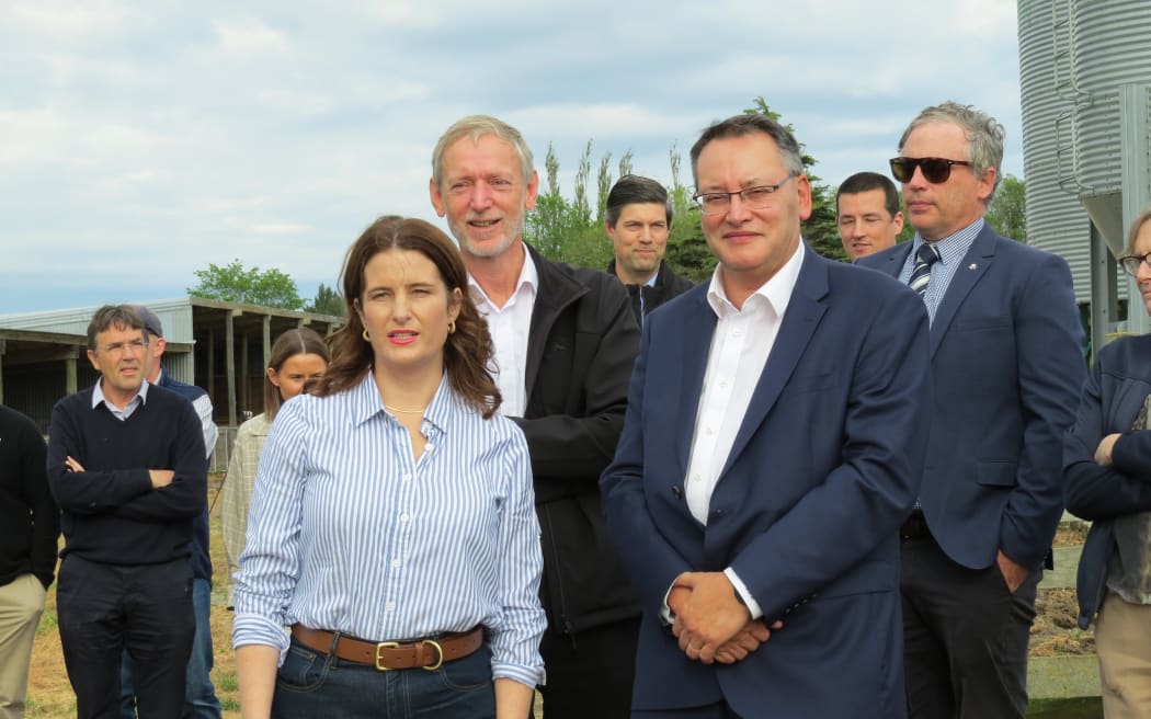 Finance Minister Nicola Willis and Science, Innovation and Technology Minister Dr Shane Reti at a North Canterbury farm on Tuesday November 11.