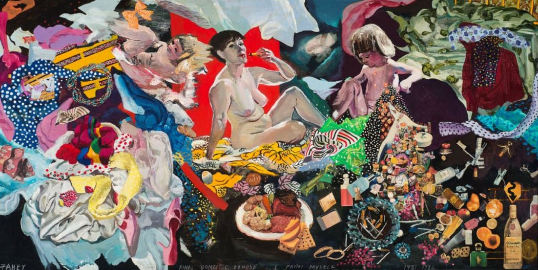 Jacqueline Fahey. Final Domestic Expose - I paint Myself. 1981-1982. oil and collage on board.