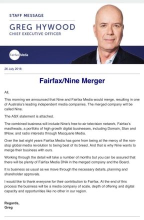 The email Fairfax staff received as the merger news broke.