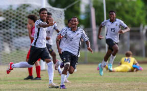 Fiji’s Maikah Dau celebrates a goal at the OFC U-16 Men's Championship 2025, Fiji v Tahiti, Lawson Tama Stadium, Honiara, Solomon Islands, Sunday 17 August 2025. Photo: DJ Mills / www.phototek.nz