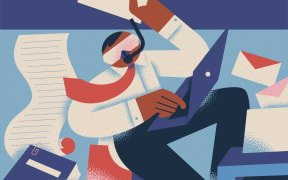 An illustration of an office worker in scuba diving gear being handed paper work while on laptop.