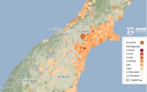 A map showing where people reported feeling the M6 quake on Wednesday morning.