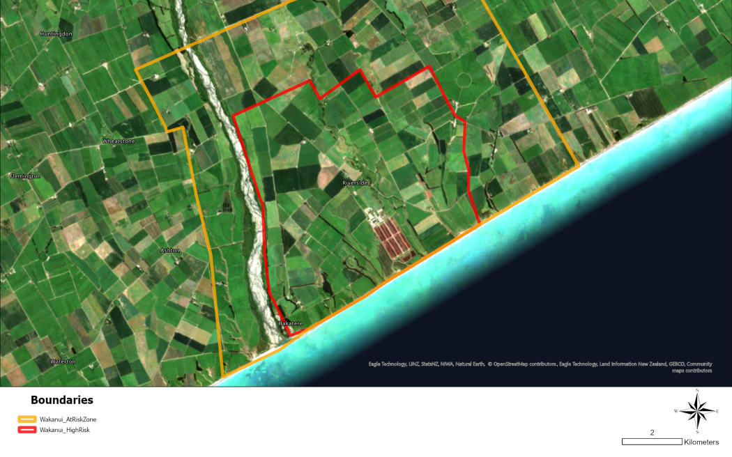 The Wakanui area will be put under a Controlled Area Notice (CAN) from 13 October, restricting the movement of cattle in an effort to stop Mycoplasma bovis circulating in the area. It includes a high-risk area (red) and at-risk area (orange).