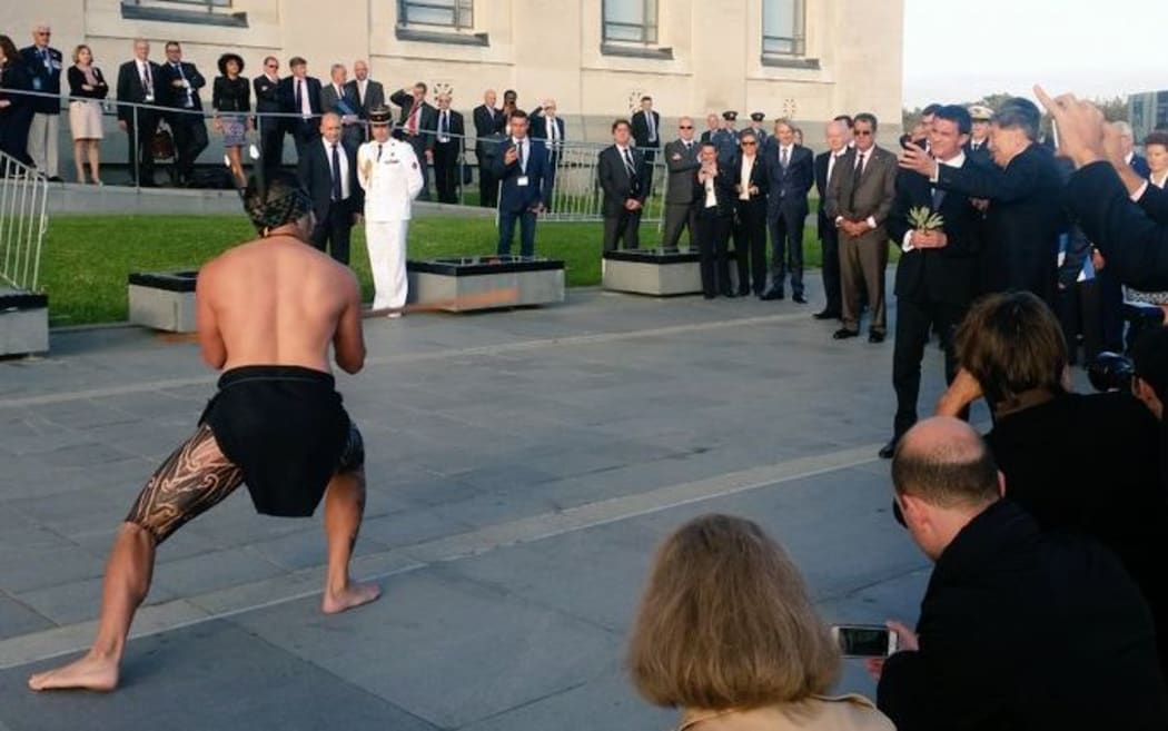 The French Prime Minister Manuel Valls being welcomed to the War Memorial Museum in Auckland