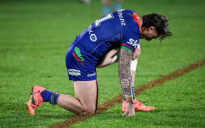 Charnze Nicoll-Klokstad of the Warriors dejected after the loss, NZ Warriors v Gold Coast Titans.