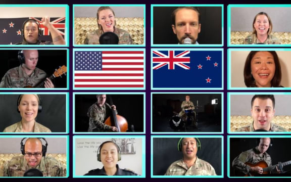 A still from the video of a collaboration between Band of the Pacific and the New Zealand Defence Force, Navy and Air Force.