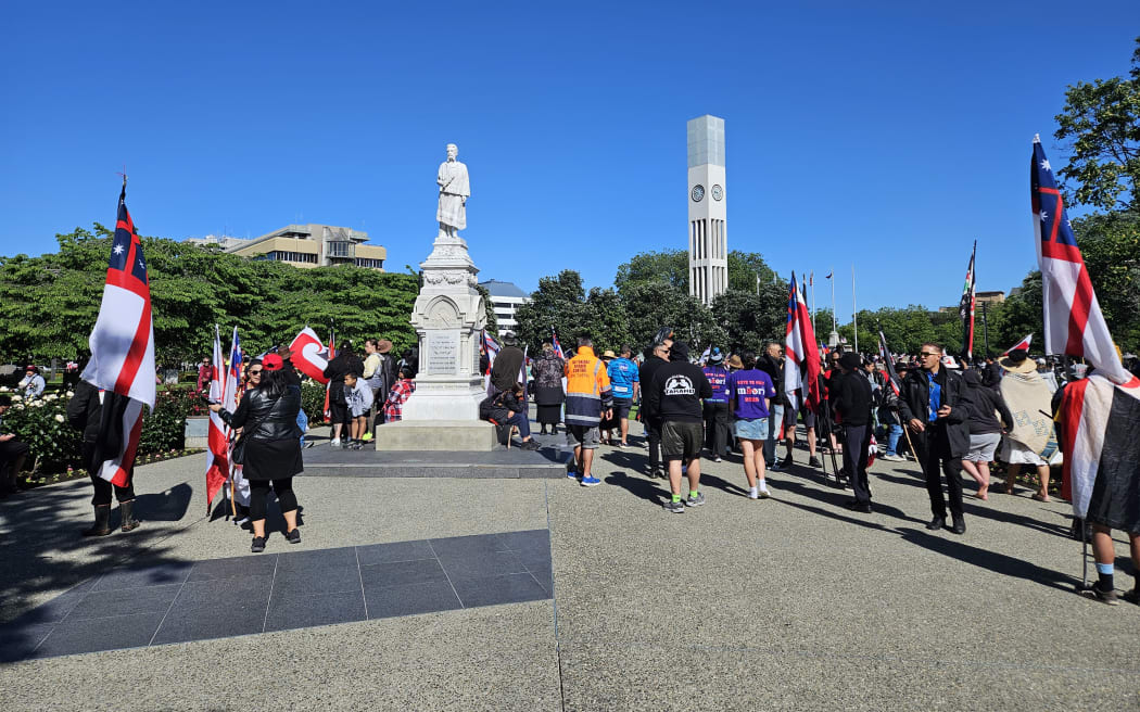 Flags fly in the Square in Palmerston North as supporters gather for the hīkoi.
