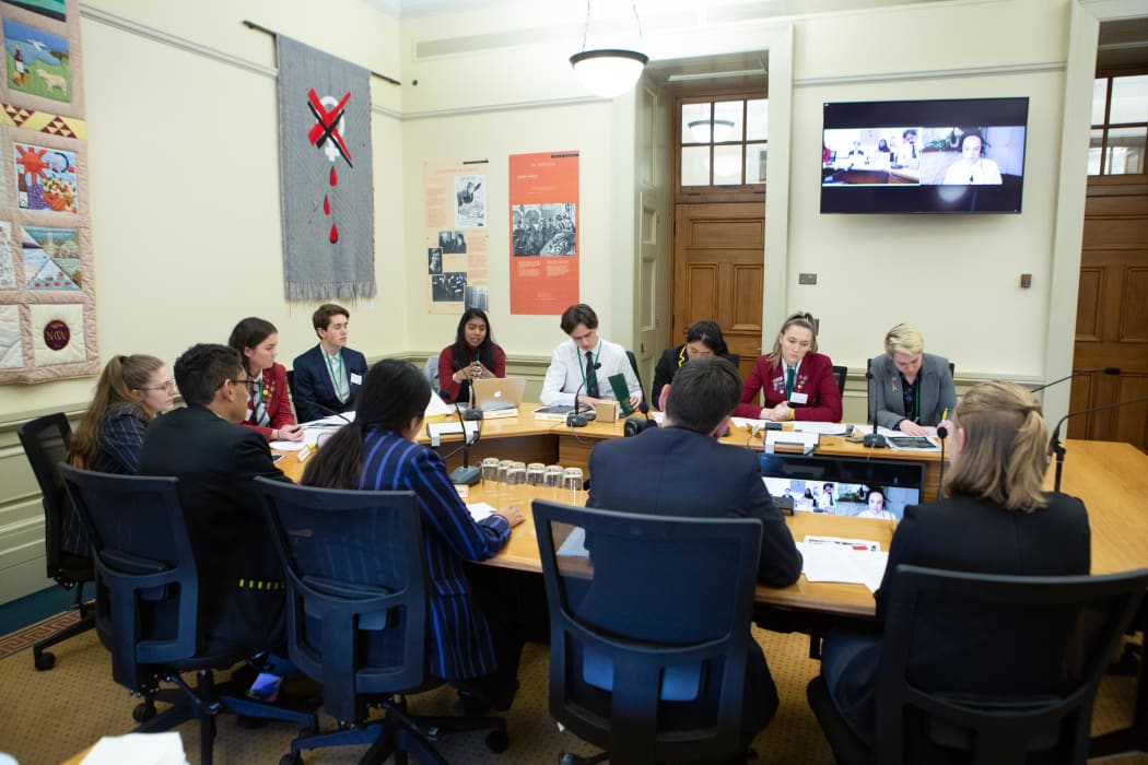 The Youth Parliament 2019 social services and community select committee works on a report on ways to engage young people in the democratic process.
