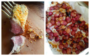 Crusted Lamb Racks with Roasted Grapes