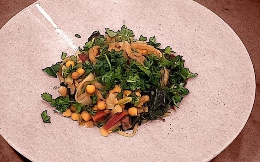 A dish of swiss chard and chickpeas cooked by Ruth Alexander.