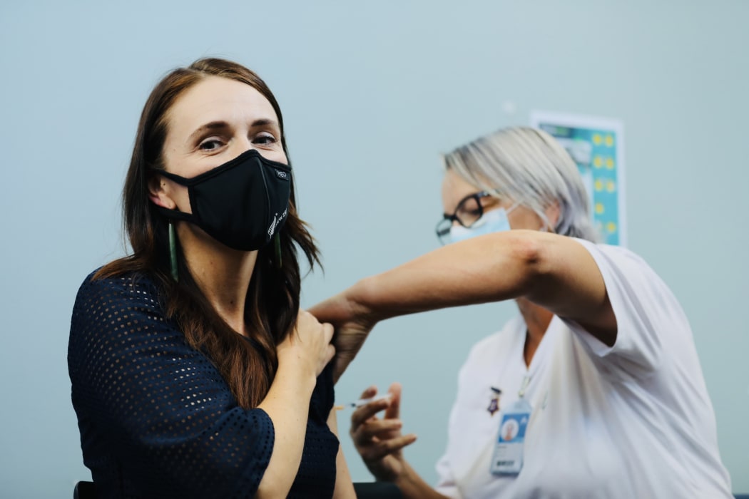 Prime Minister Jacinda Ardern receiving her booster dose of the Covid-19 vaccine.