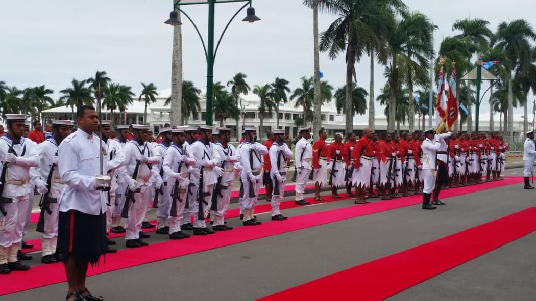 Fiji's military band and navy welcome in the new parliament. 2016