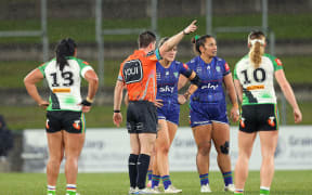 Warriors second-rower Matekino Gray leaves the field after getting a red card for a dangerous tackle.