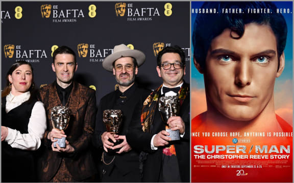 Swiss film director Ian Bonhote, US film producer Peter Ettedgui, British documentary producer Lizzie Gillett and film producer Robert Ford pose with the award for Best documentary for "Super/Man : The Christopher Reeve Story" during the BAFTA British Academy Film Awards ceremony at the Royal Festival Hall, Southbank Centre, in London, on February 16, 2025. (Photo by JUSTIN TALLIS / AFP)