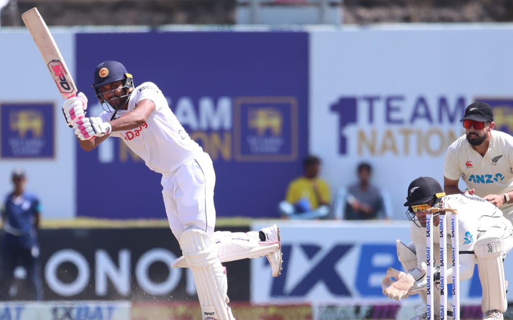 Dimuth Karunaratne batting against the Black Caps in Galle.