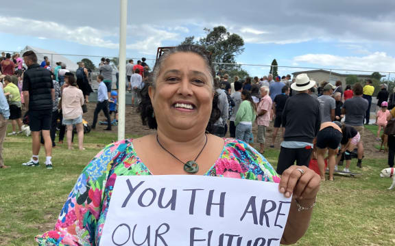 "Nanny" Nera with her hand-drawn sign at the Tairua Skate Park launch.