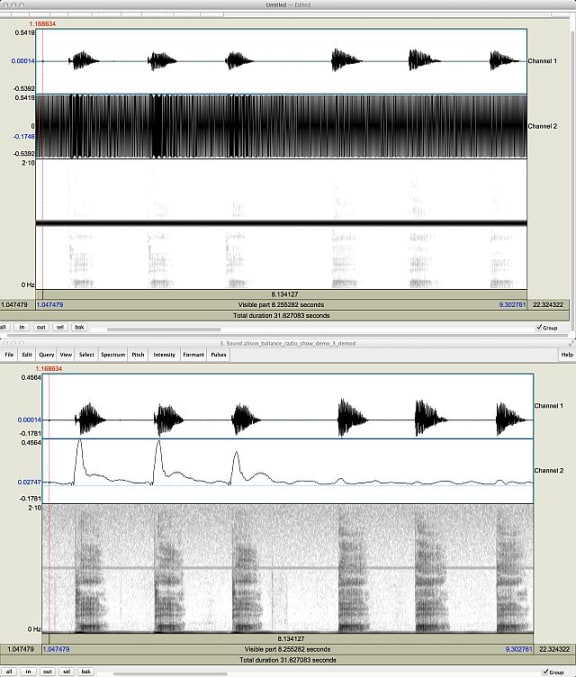 Top screen shows the syllables pa then ba (each recorded three times) with unfiltered air puff information underneath. The bottom screen shows the filtered air puff information: the syllable pa makes a large air puff, while ba produces hardly any air.