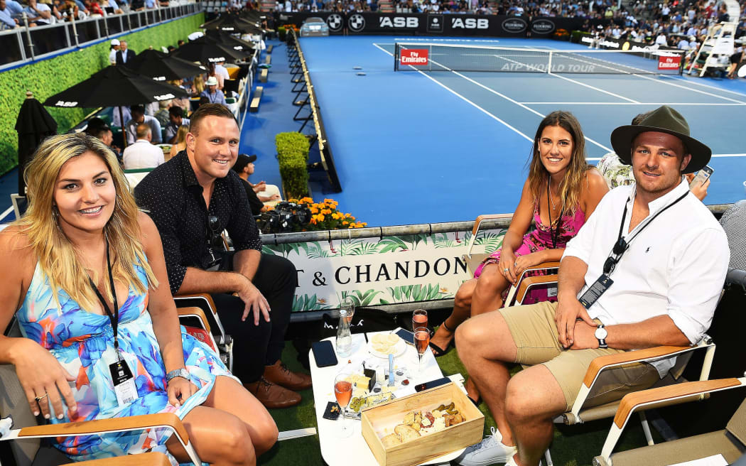 All Blacks James Parsons (left) and Sam Cane with friends at day two of the ASB Classic ATP Men's Tournament.