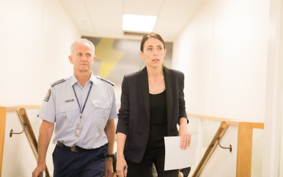 Waikato Police Superintendent Bruce Bird and Prime Minister Jacinda Ardern getting ready to address the media this morning.