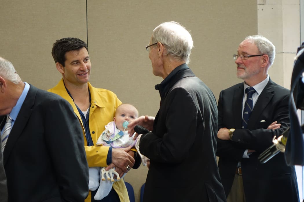 Prime Minister Jacinda Ardern's partner Clarke Gayford with baby Neve at the opening of Hanover Hall.