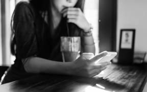 Woman Drinking Beverage Mobile Phone Technology Concept.