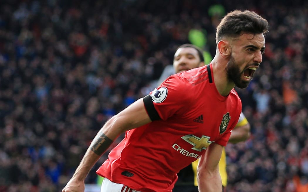 Bruno Fernandes of Man Utd celebrates a goal.
