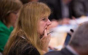 Auckland Councillor Cathy Casey at a Council meeting about the Unitary Plan. 10 August 2016.