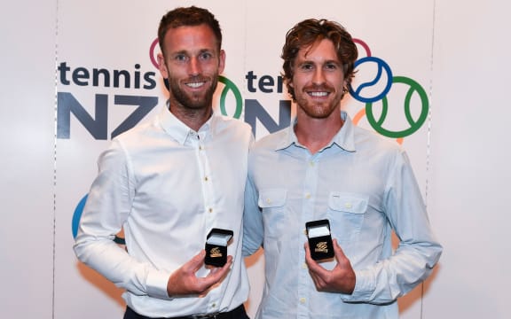 Michael Venus(L) and Marcus Daniell(R) with their Olympic pins from the NZ Olympic Committe.
Tennis NZ Awards, ASB North Wharf, Auckland, New Zealand. 6 January 2018.
