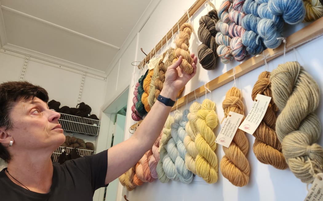 Skeins of naturally dyed wool on display in the studio at Rewa Rewa Station