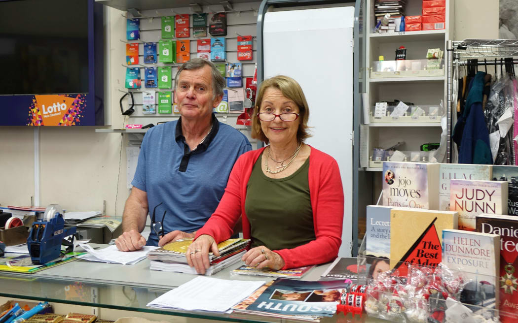 Tony and Lorraine Freeman at their bookshop, which has now reopened after last month's quake.