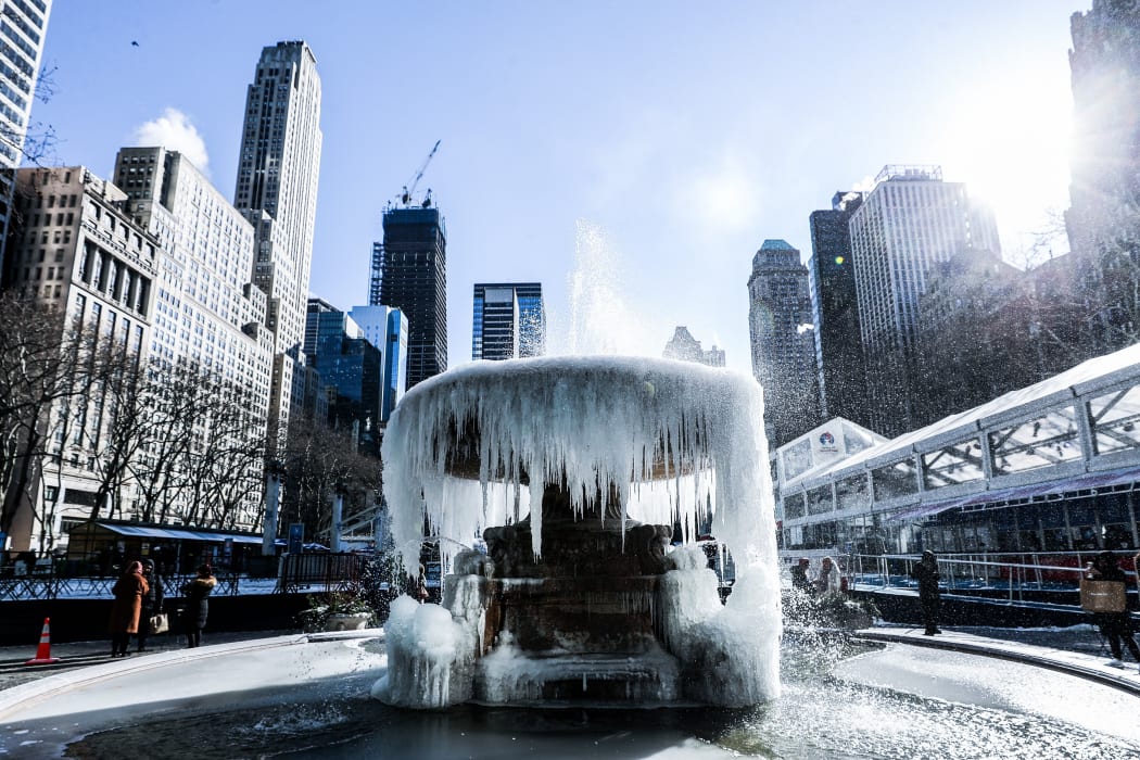 A general view of Bryant Park's Josephine Shaw Lowell Fountain during freeze temperatures in New York, United States on January 31, 2019.