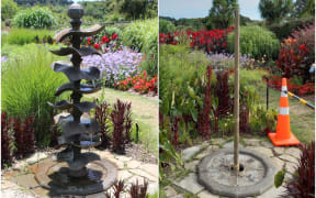 The Reservoirs sculpture before and after it was vandalised and partly stolen from Auckland's Botanic Gardens in December.