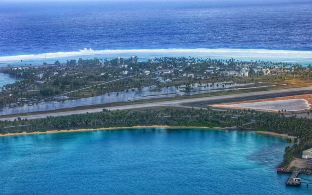 Aerial view of a surge of unexpected waves swamping the island of Roi-Namur in the Marshall Islands, pictured Jan. 21, 2024. [Jessica Dambruc /U.S. Army Garrison-Kwajalein Atoll/AFP]