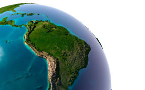 12651904 - earth with translucent water in the oceans and the detailed topography of the continents  detail of the earth with south america  isolated on white