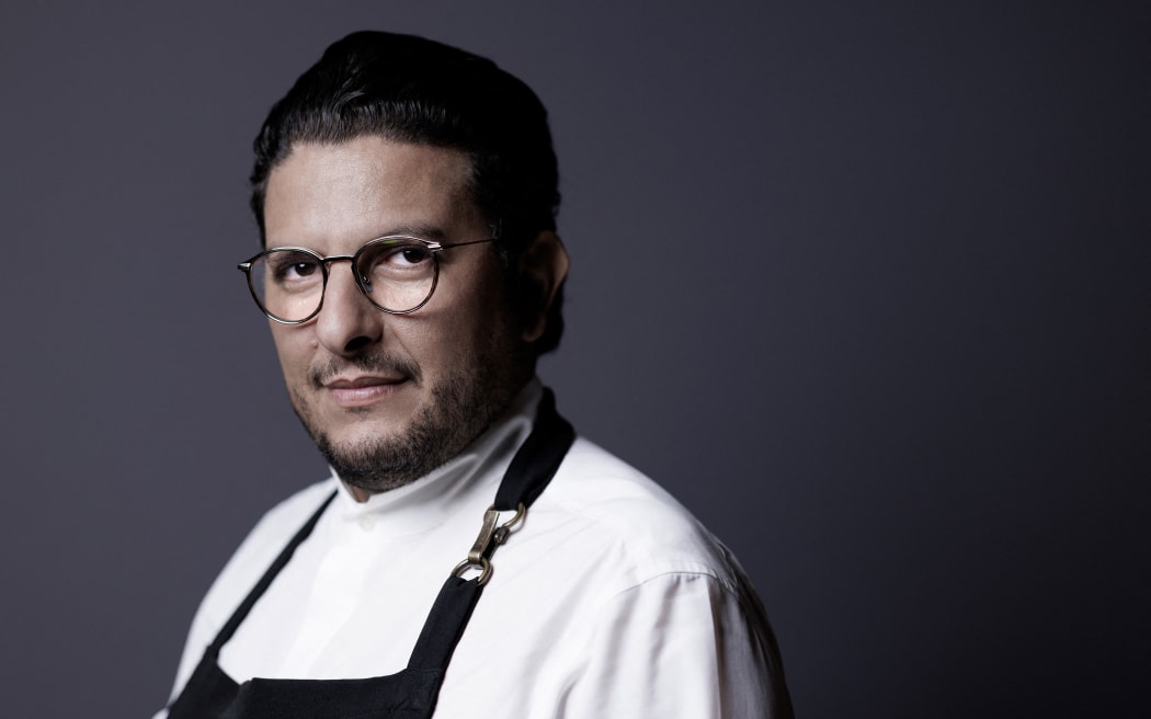 French chef Akrame Benallal poses during a photo session at his restaurant in Paris on September 8, 2023.