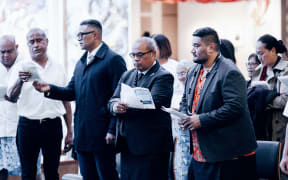 Minister for Pacific Peoples Aupito William Sio, second right, and his CEO Laulu Ma Leauanae, third right.