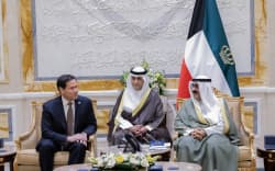 This hand out photo provided by the Kuwait’s news agency KUNA on June 24, 2026 shows the Amir of Kuwait Sheikh Meshal al-Ahmad al-Jaber al-Sabah (R) receiving the US Secretary of State Marco Rubio at Bayan Palace in Kuwait City. Rubio held talks with Kuwait’s leader on June 24, after renewing Washington’s commitment to the region’s security in a meeting with the UAE’s president during a tour of the Gulf. (Photo by Handout / KUNA / AFP) / RESTRICTED TO EDITORIAL USE - MANDATORY CREDIT “AFP PHOTO /KUNA” - HANDOUT - NO MARKETING NO ADVERTISING CAMPAIGNS - DISTRIBUTED AS A SERVICE TO CLIENTS