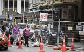 The cordon around quake-damaged buildings on Featherston Street in central Wellington.