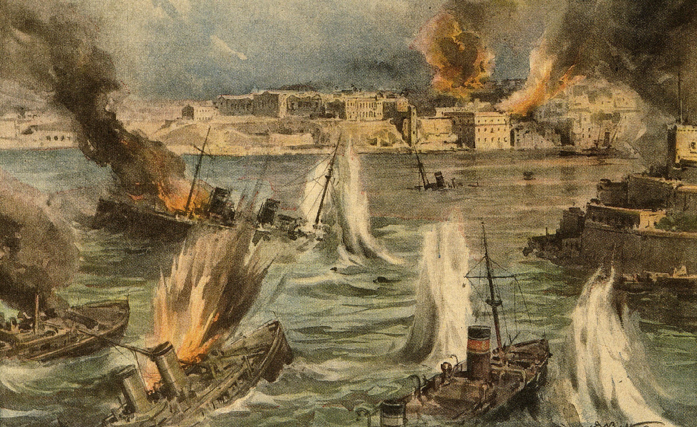 An engraving of a WWII air attack on Malta in Italian newspaper La Domenica del Corriere in October 1942.